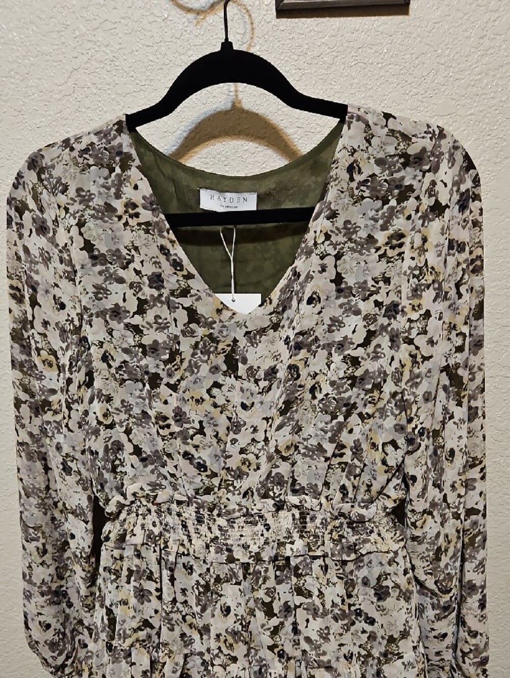 Hayden Olive & Cream Floral Long-Sleeve Wrap Midi Dress - Picture 2 of 9